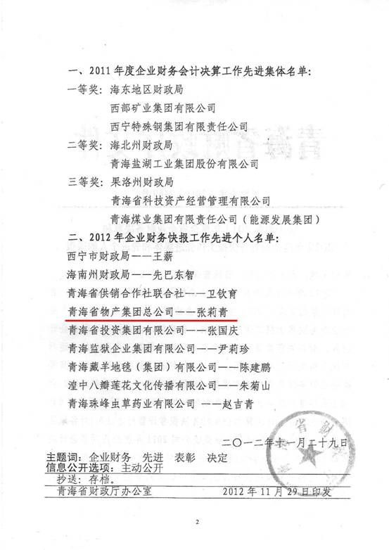 物產(chǎn)集團榮獲2011年度財務(wù)決算先進單位、2012年度財務(wù)快報工作先進個人表彰